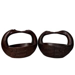 VTG Art Deco Swan Head Wooden Carved Baskets Folk Art Decor Goose Boho Dark
